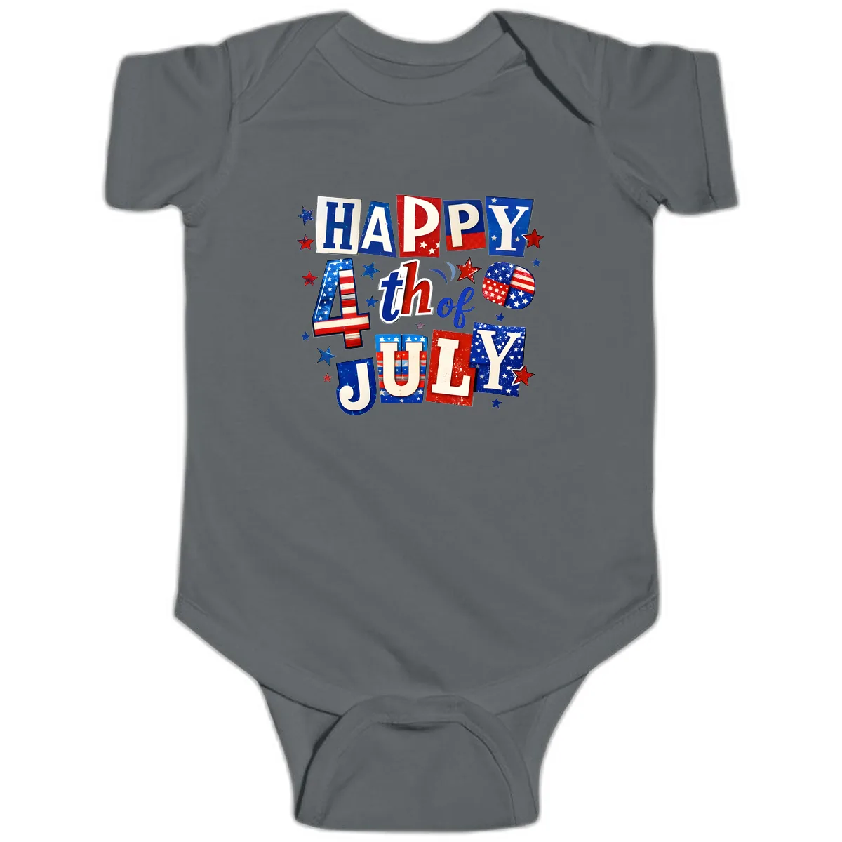 Happy Fourth of July Patriotic Letters Baby Onesie in Charcoal