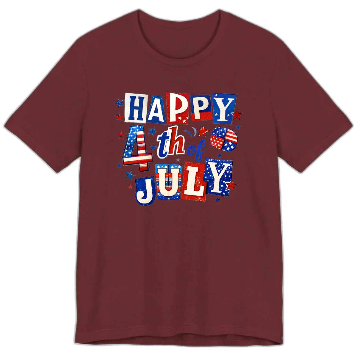Happy Fourth of July Patriotic Letters Premium T-Shirt in Heather Cardinal