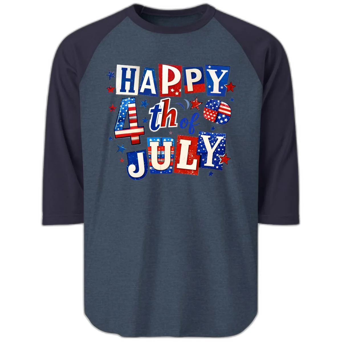 Happy Fourth of July Patriotic Letters Raglan 3/4 in Heather Denim Navy