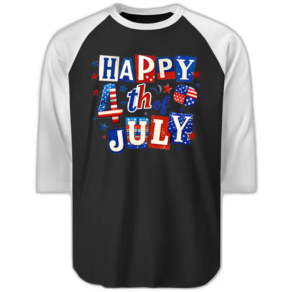 Happy Fourth of July Patriotic Letters Raglan 3/4 in Black White