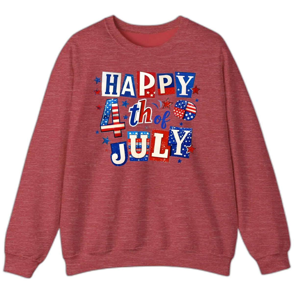 Happy Fourth of July Patriotic Letters Sweatshirt in Heather Scarlet Red