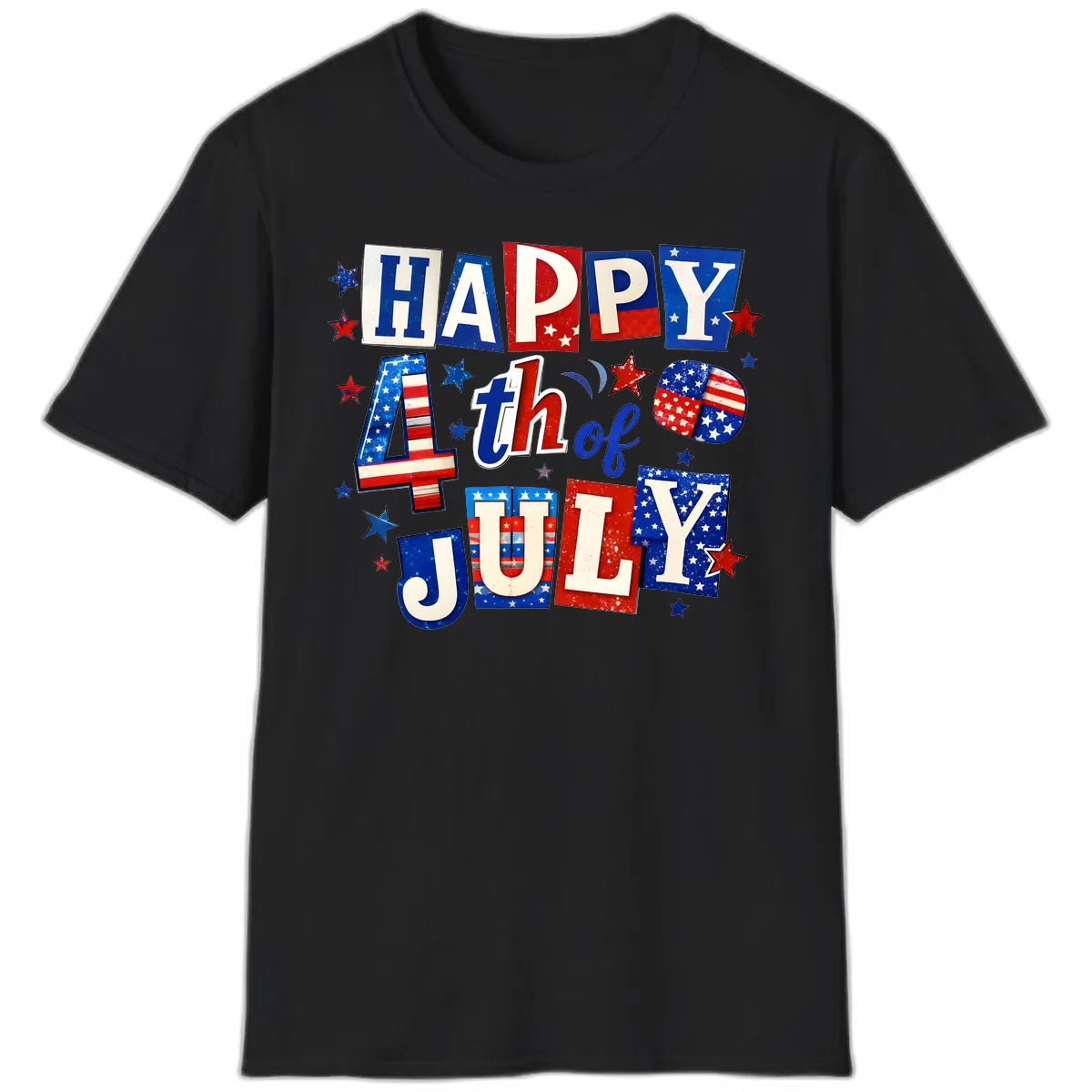 Happy Fourth of July Patriotic Letters T-Shirt in Black