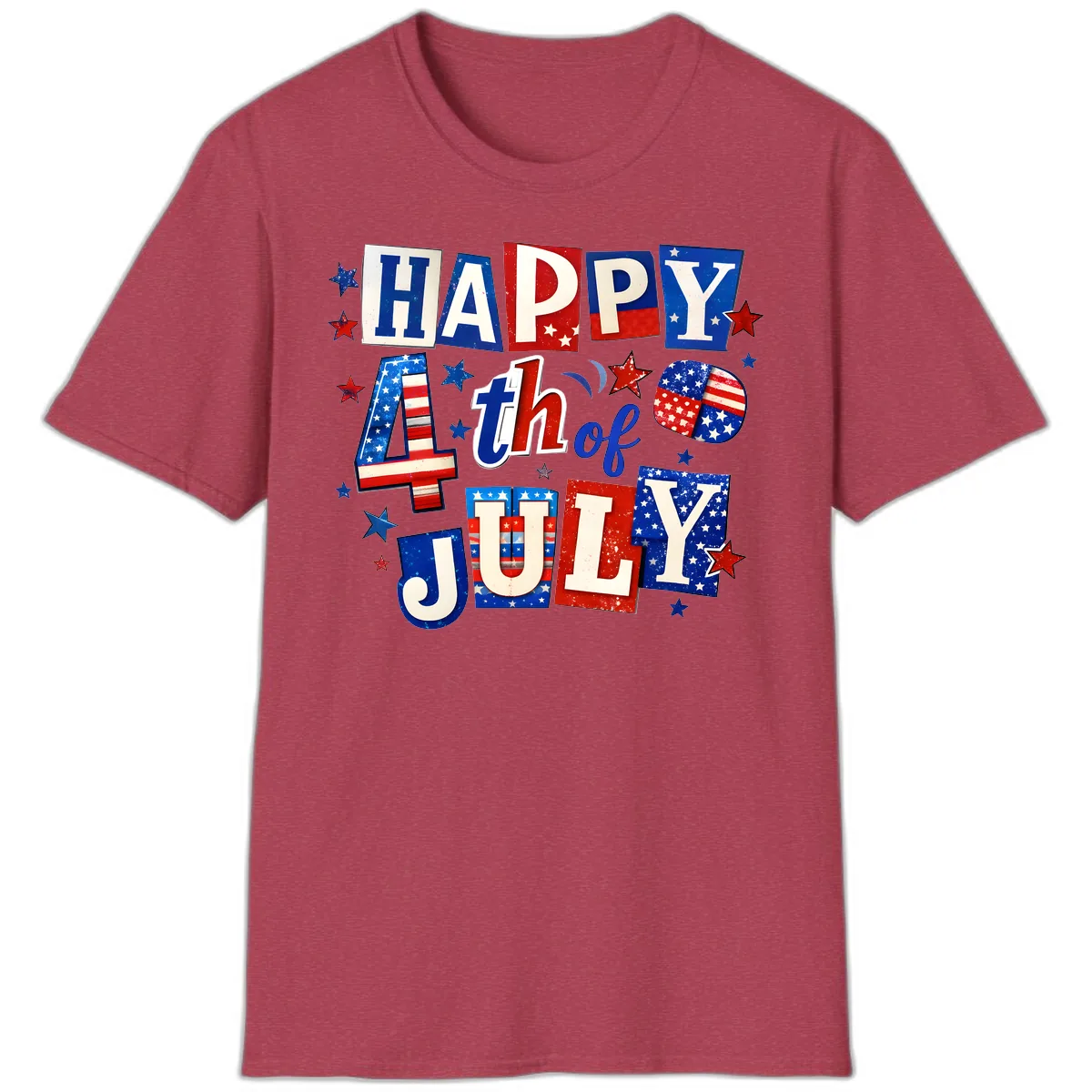 Happy Fourth of July Patriotic Letters T-Shirt in Heather Cardinal