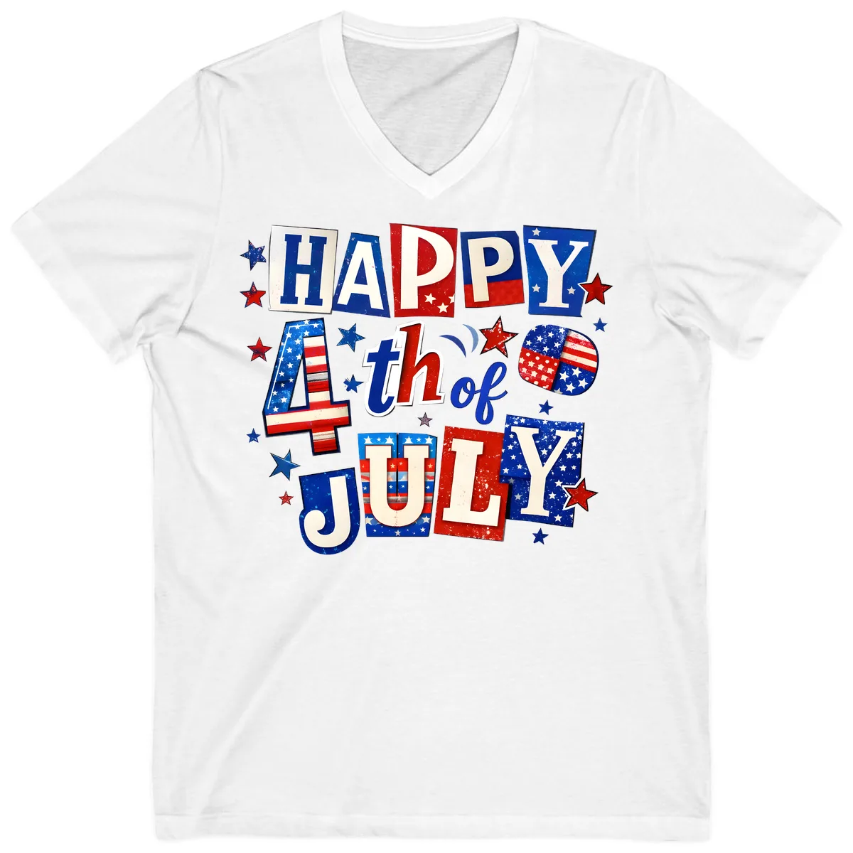 Happy Fourth of July Patriotic Letters V-Neck in White
