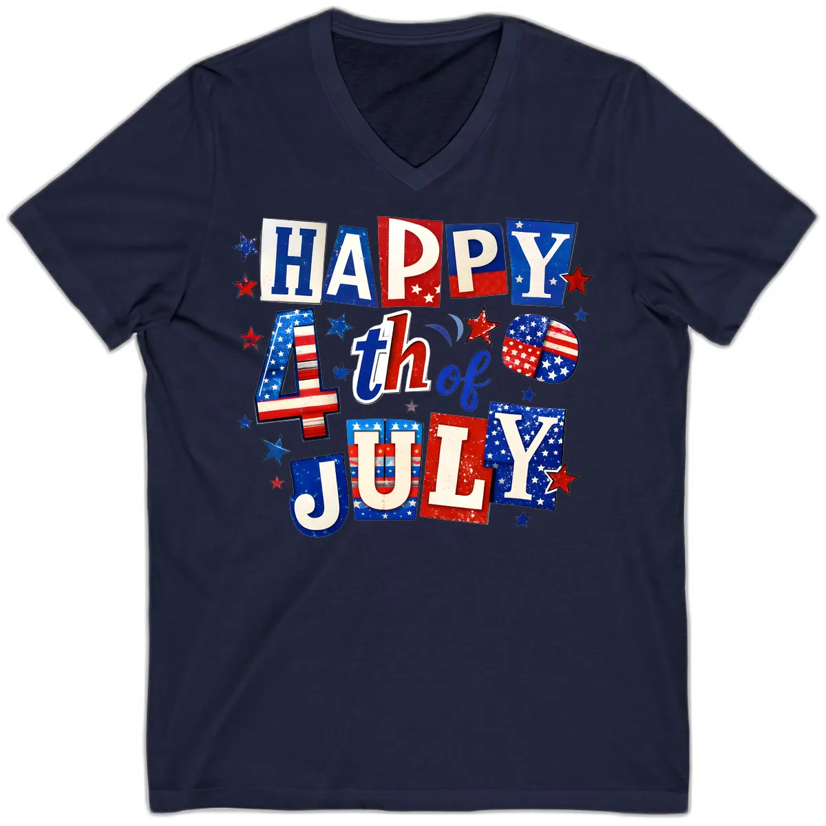 Happy Fourth of July Patriotic Letters V-Neck in Navy