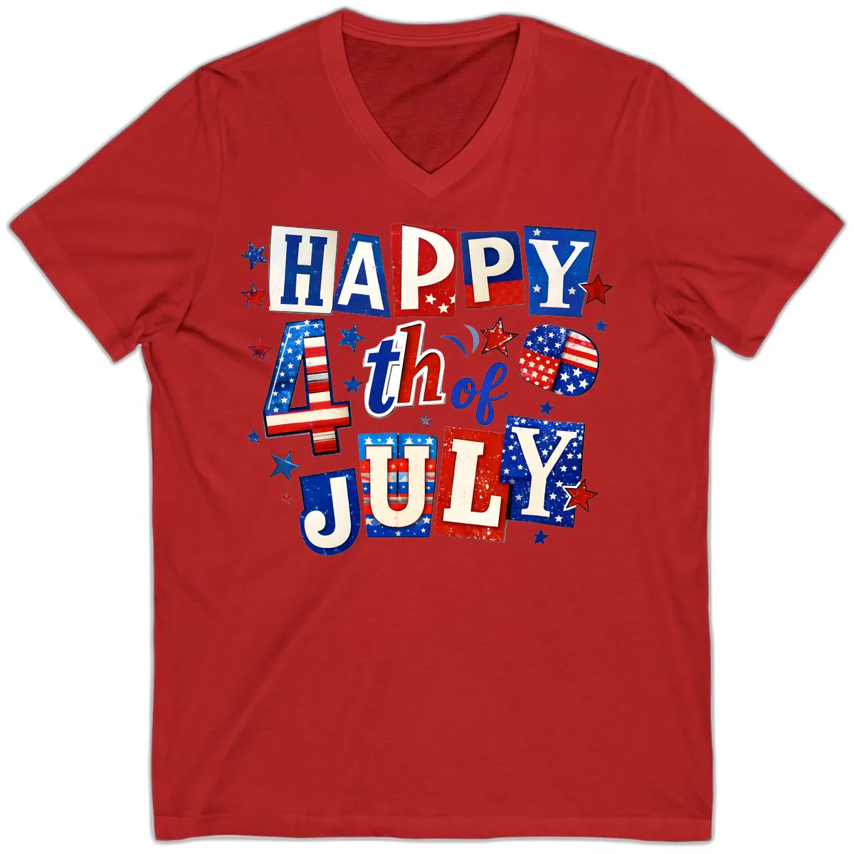 Happy Fourth of July Patriotic Letters V-Neck in Red