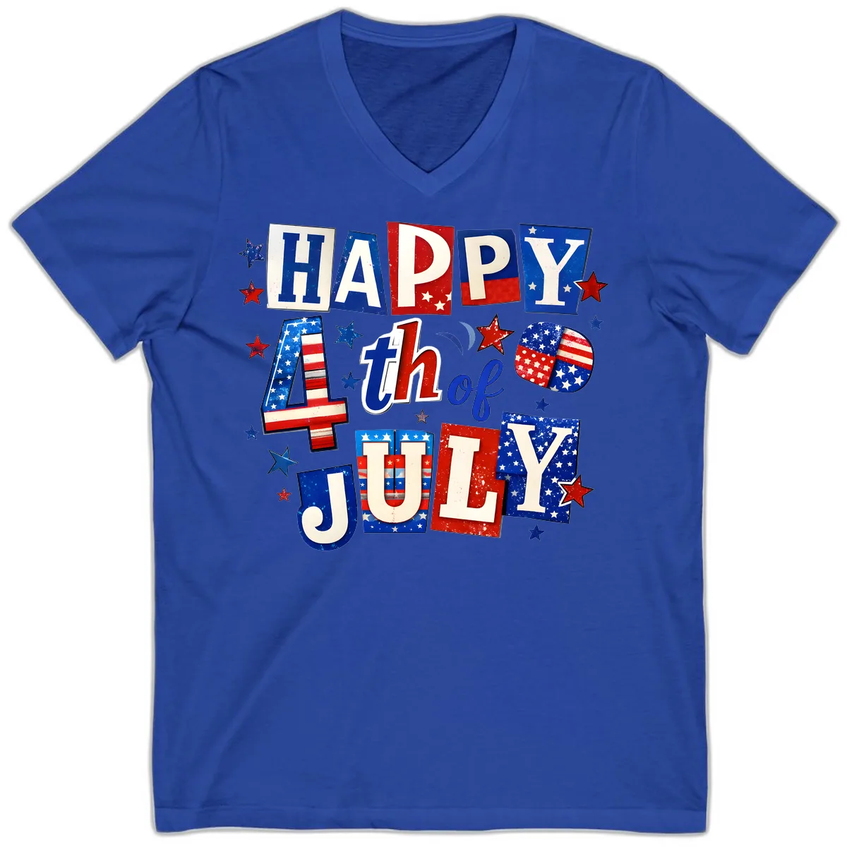Happy Fourth of July Patriotic Letters V-Neck in True Royal