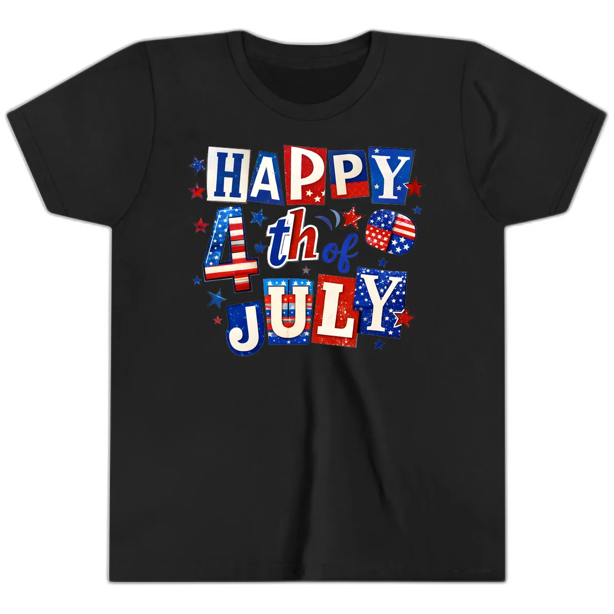 Happy Fourth of July Patriotic Letters Youth T-Shirt in Black