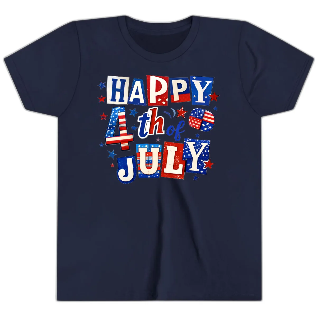 Happy Fourth of July Patriotic Letters Youth T-Shirt in Navy
