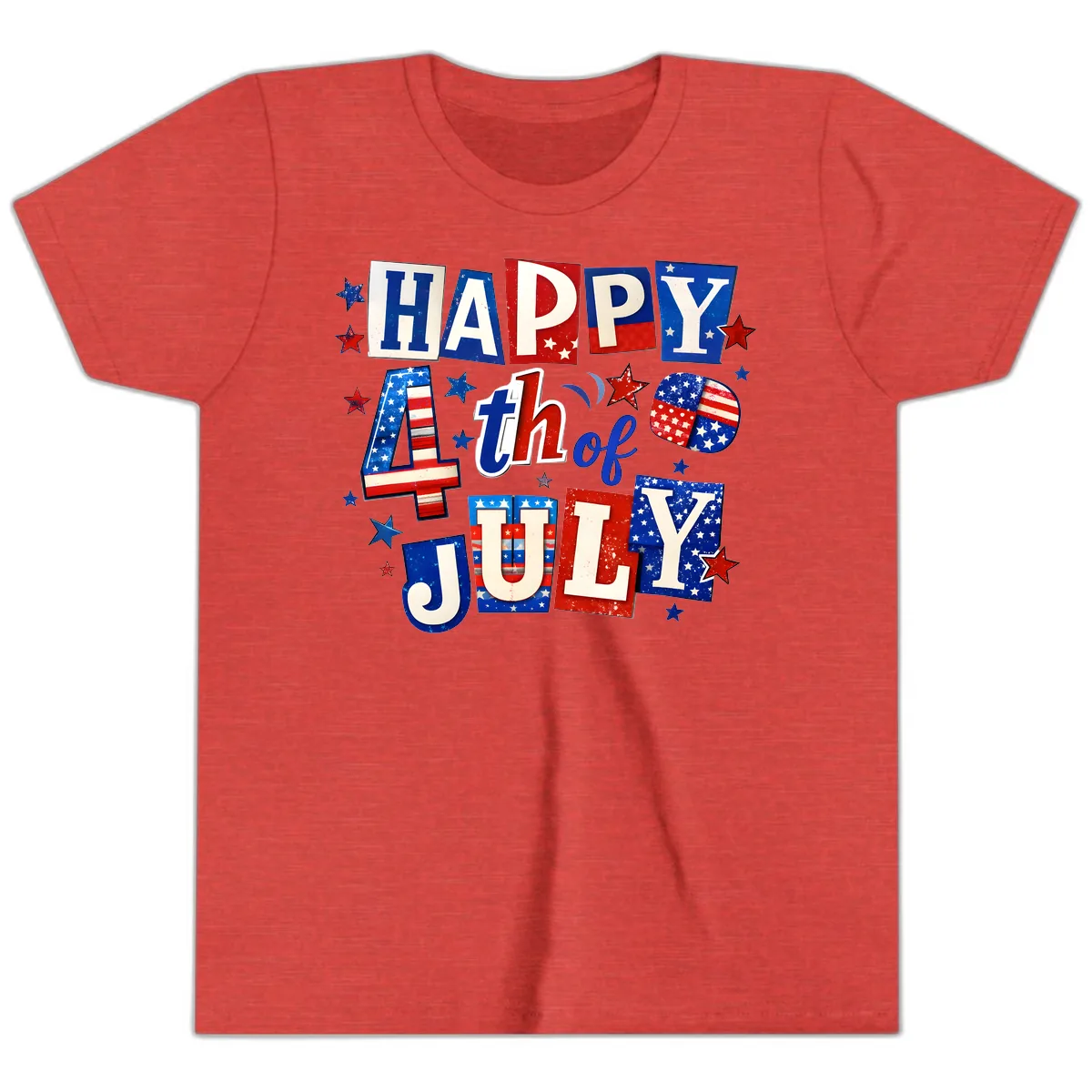 Happy Fourth of July Patriotic Letters Youth T-Shirt in Heather Red