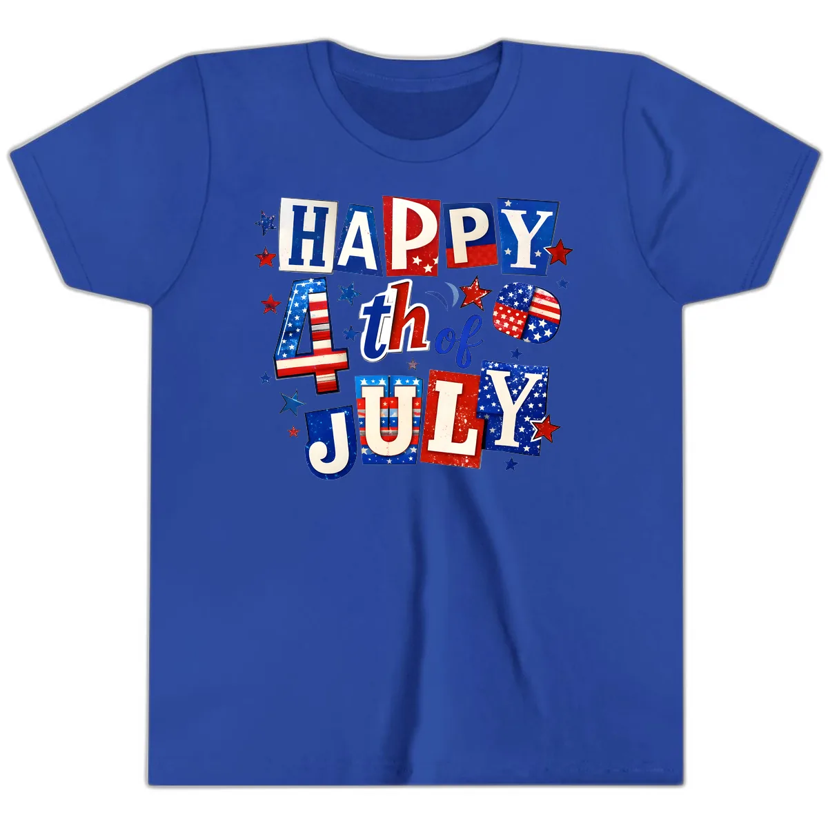 Happy Fourth of July Patriotic Letters Youth T-Shirt in True Royal