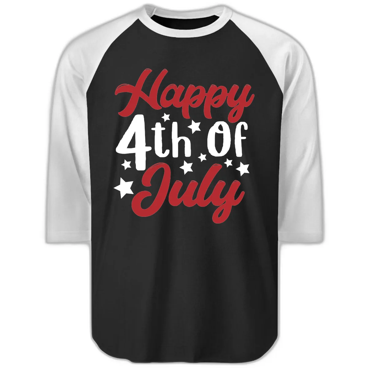 Happy Fourth Of July Star Celebration Raglan 3/4 in Black White