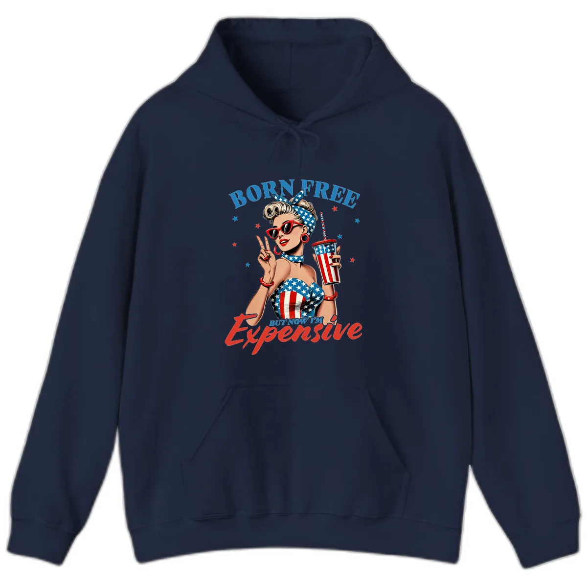 Born Free But Now I'm Expensive Pinup Girl Hoodie in Navy