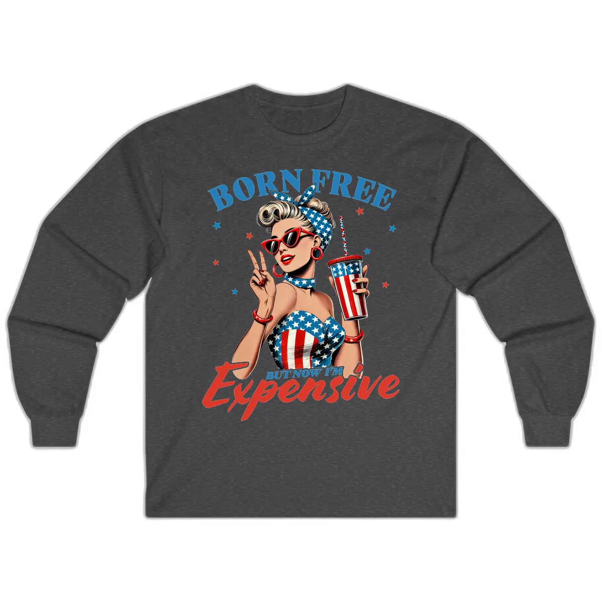 Born Free But Now I'm Expensive Pinup Girl Long Sleeve in Dark Heather