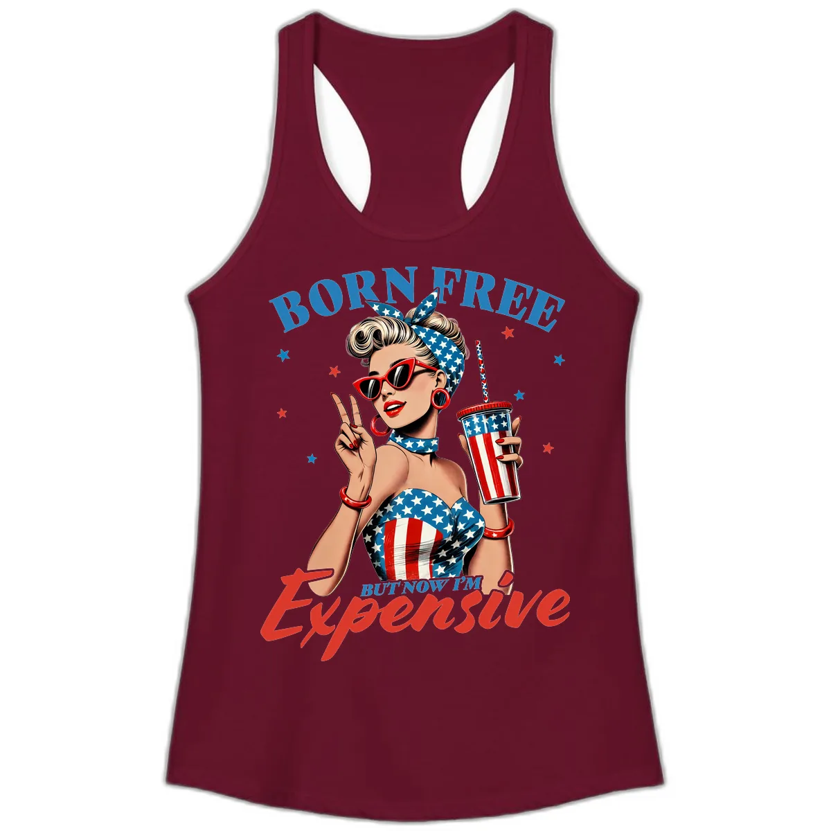 Born Free But Now I'm Expensive Pinup Girl Ladies Tank in Solid Cardinal Red