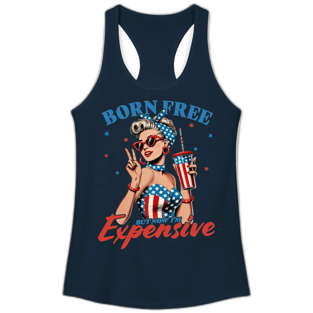 Born Free But Now I'm Expensive Pinup Girl Ladies Tank in Solid Midnight Navy