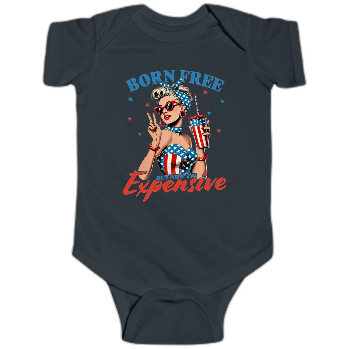 Born Free But Now I'm Expensive Pinup Girl Baby Onesie in Black