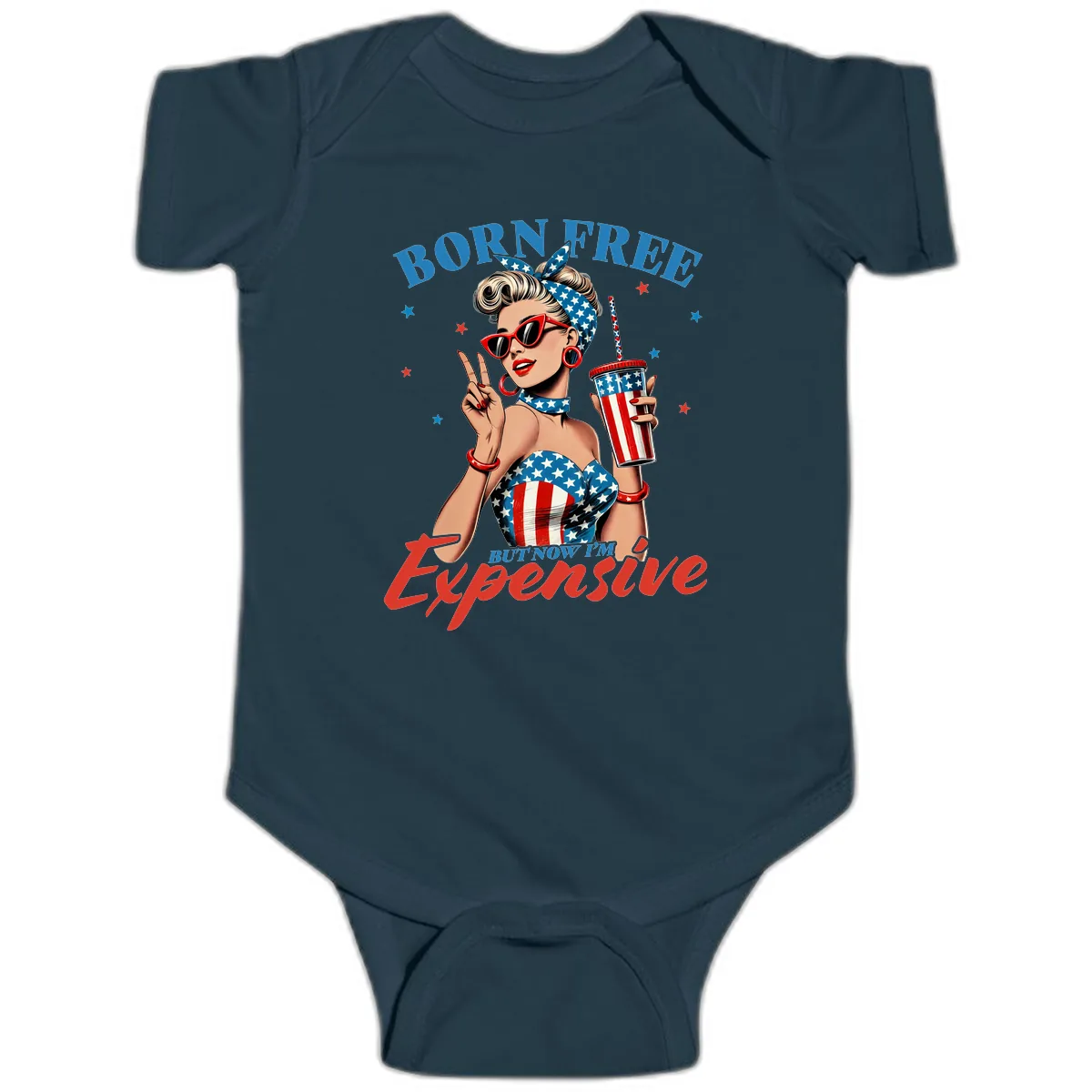 Born Free But Now I'm Expensive Pinup Girl Baby Onesie in Navy