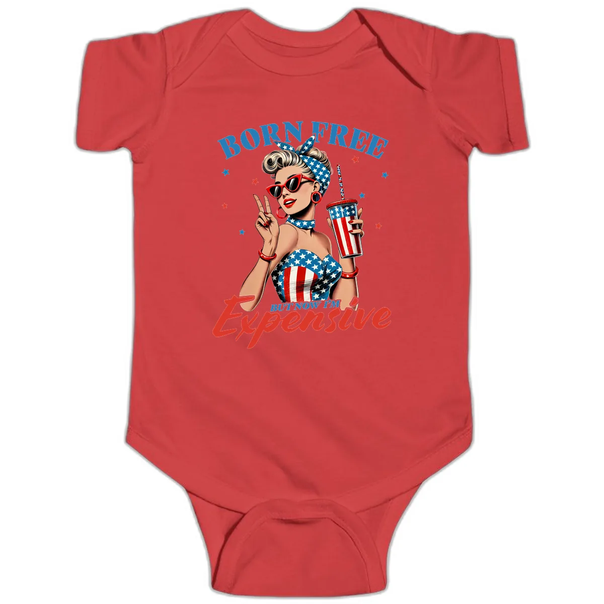 Born Free But Now I'm Expensive Pinup Girl Baby Onesie in Red