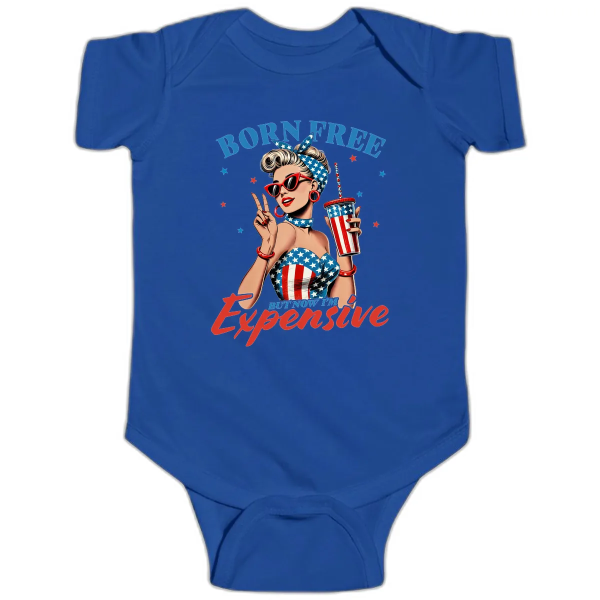Born Free But Now I'm Expensive Pinup Girl Baby Onesie in Royal