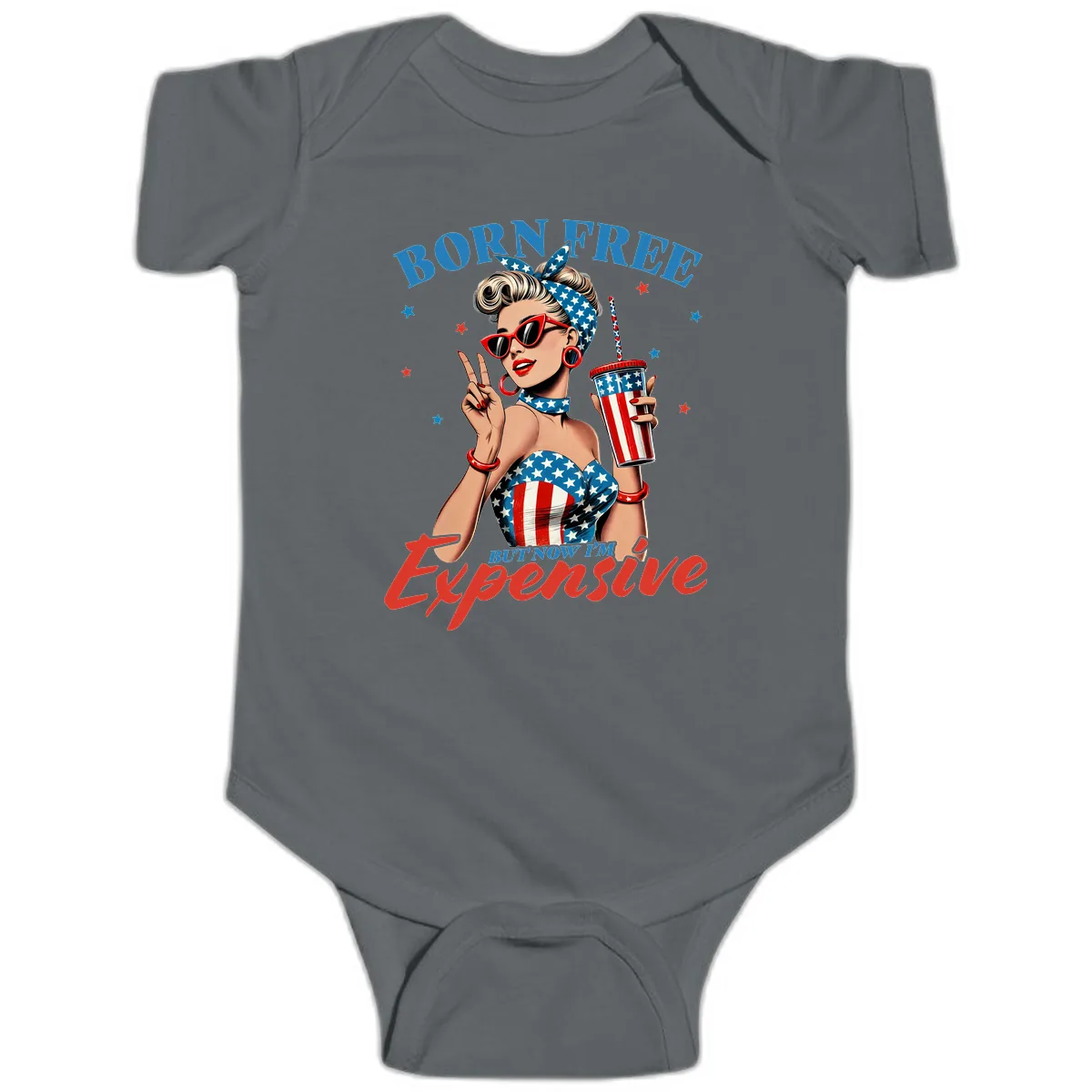 Born Free But Now I'm Expensive Pinup Girl Baby Onesie in Charcoal