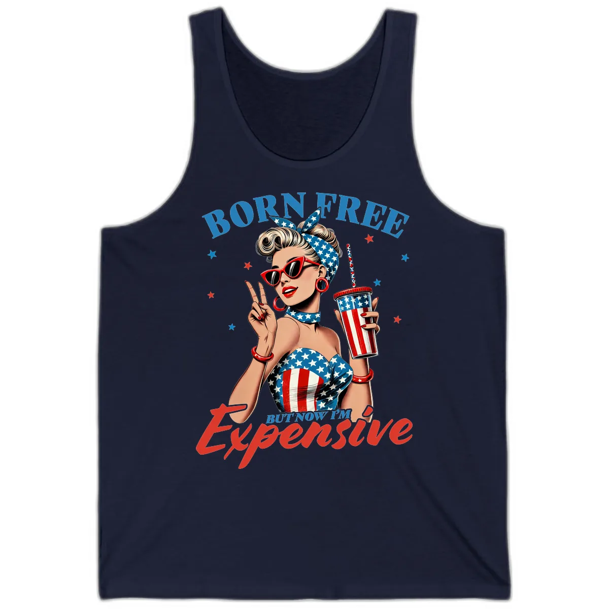 Born Free But Now I'm Expensive Pinup Girl Tank in Navy