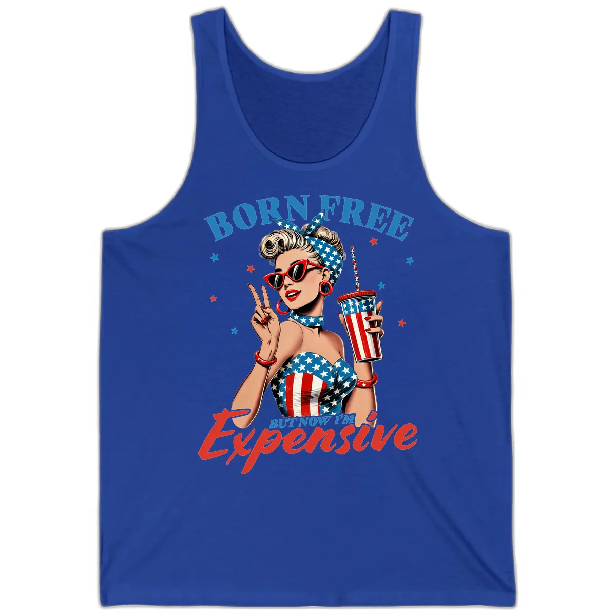 Born Free But Now I'm Expensive Pinup Girl Tank in True Royal