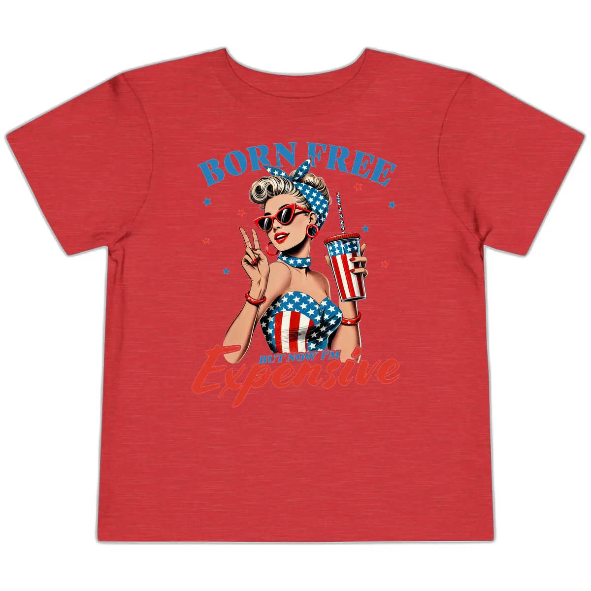 Born Free But Now I'm Expensive Pinup Girl Toddler T-Shirt in Heather Red