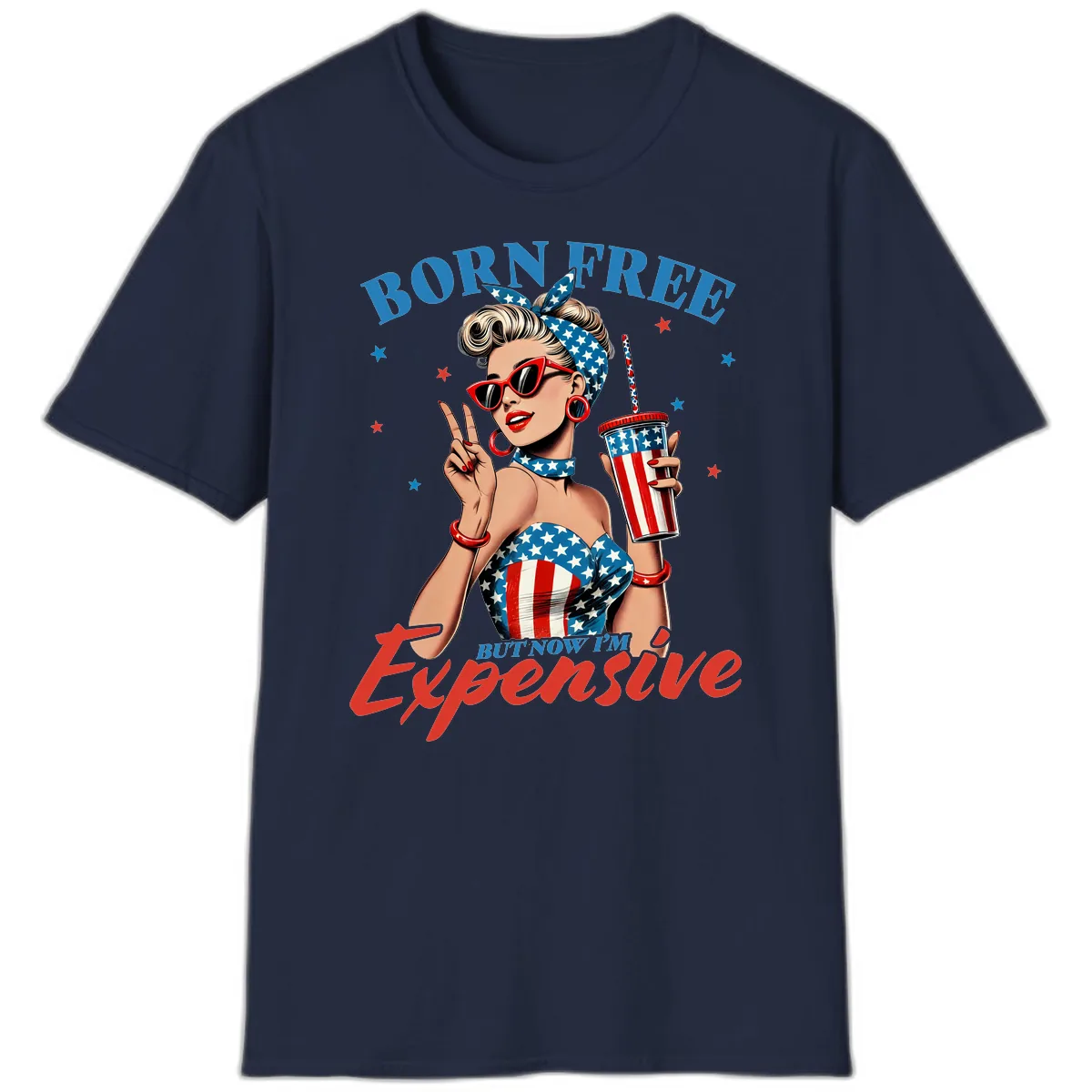 Born Free But Now I'm Expensive Pinup Girl T-Shirt in Navy