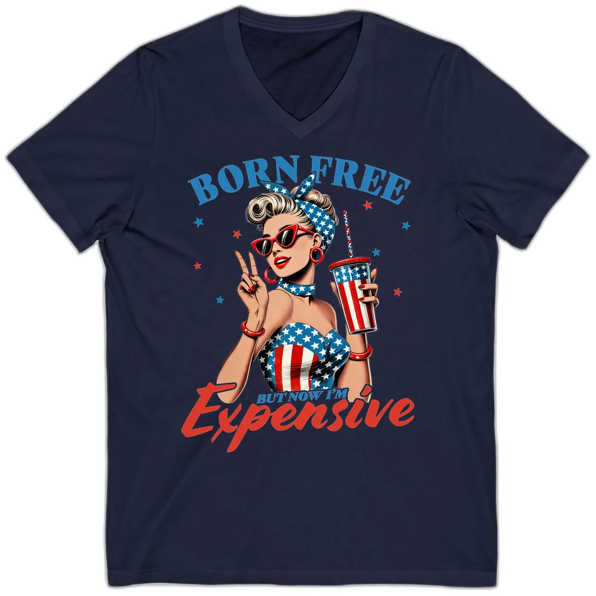 Born Free But Now I'm Expensive Pinup Girl V-Neck in Navy