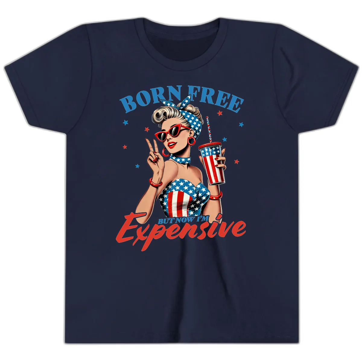 Born Free But Now I'm Expensive Pinup Girl Youth T-Shirt in Navy