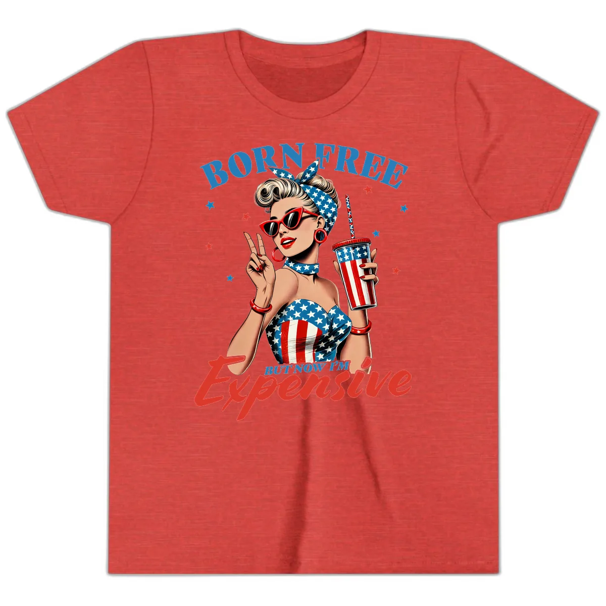 Born Free But Now I'm Expensive Pinup Girl Youth T-Shirt in Heather Red