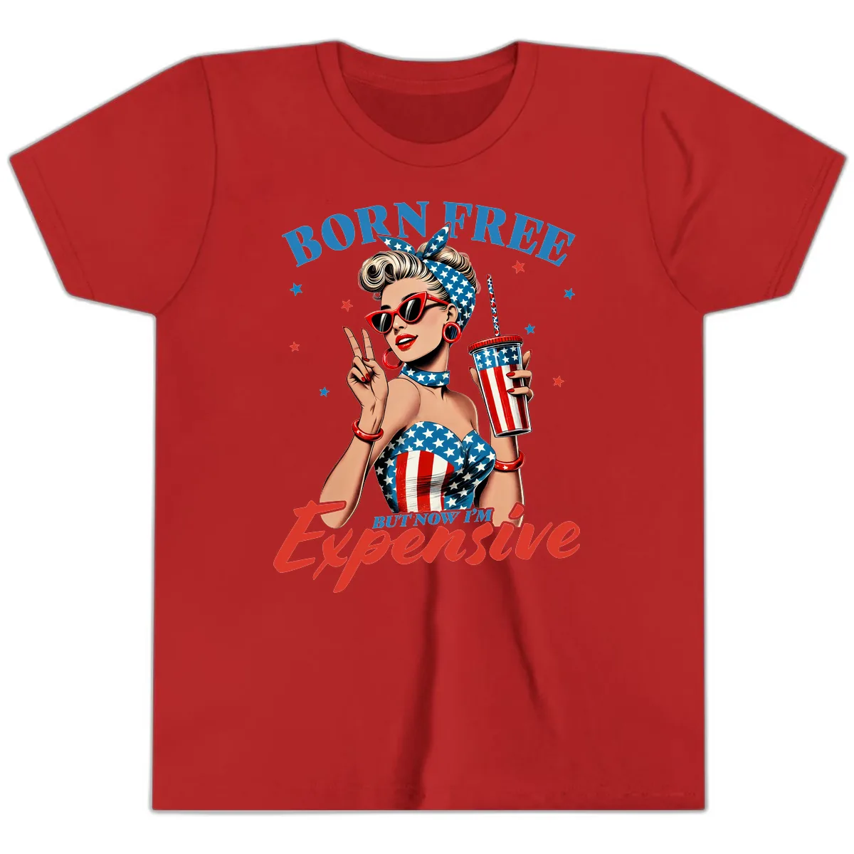 Born Free But Now I'm Expensive Pinup Girl Youth T-Shirt in Red