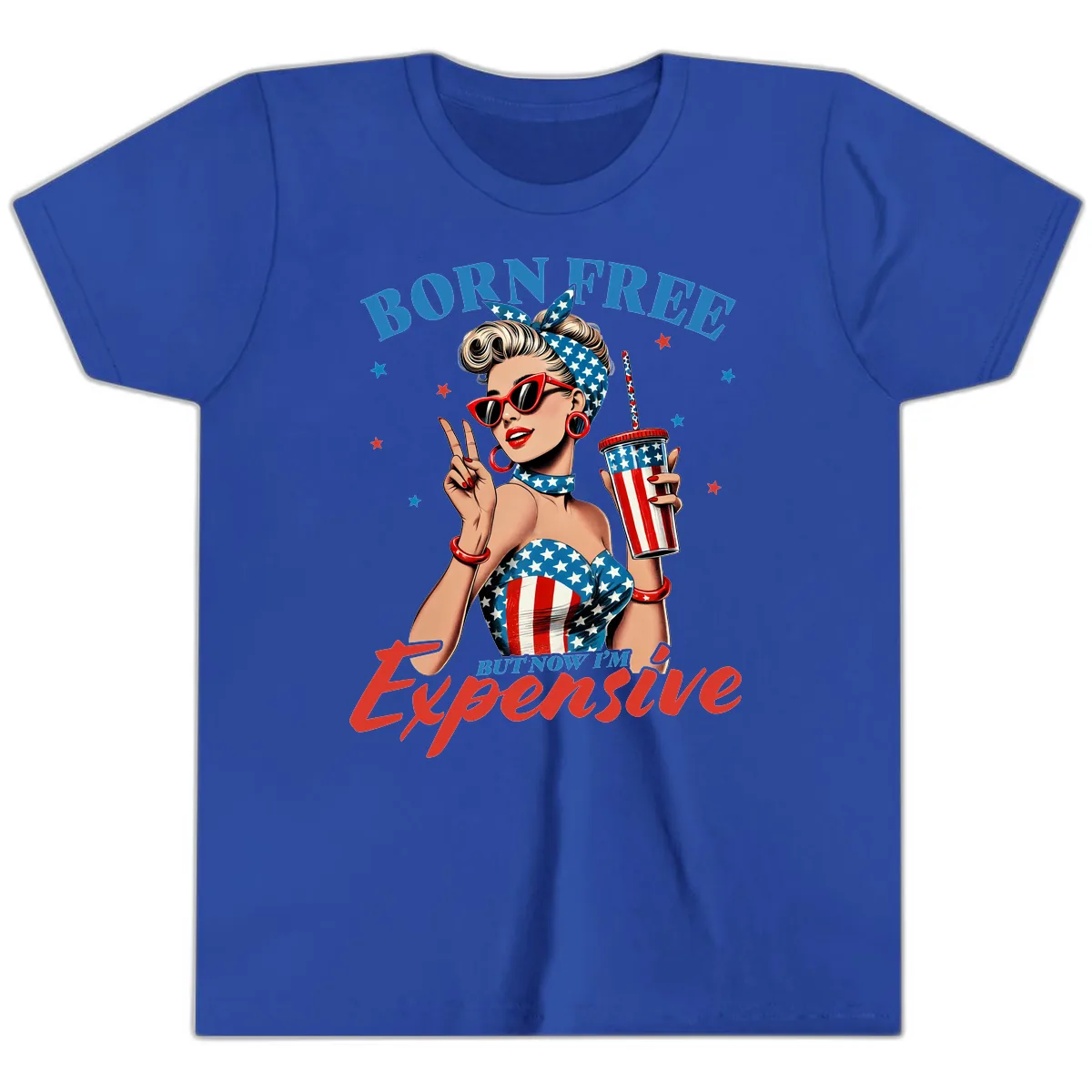 Born Free But Now I'm Expensive Pinup Girl Youth T-Shirt in True Royal