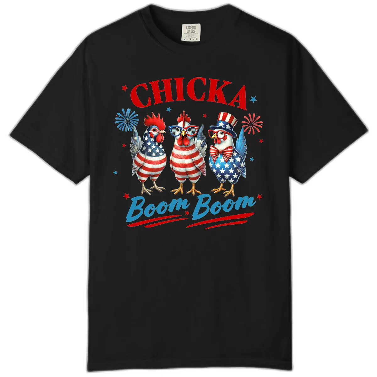 Chicka Boom Boom Patriotic Chickens Comfort Color in Black