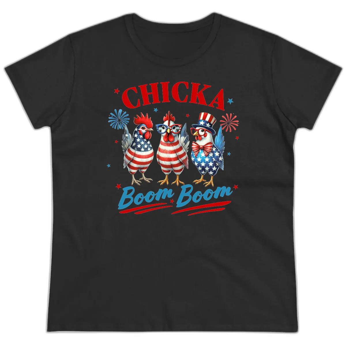 Chicka Boom Boom Patriotic Chickens Ladies Tee in Black