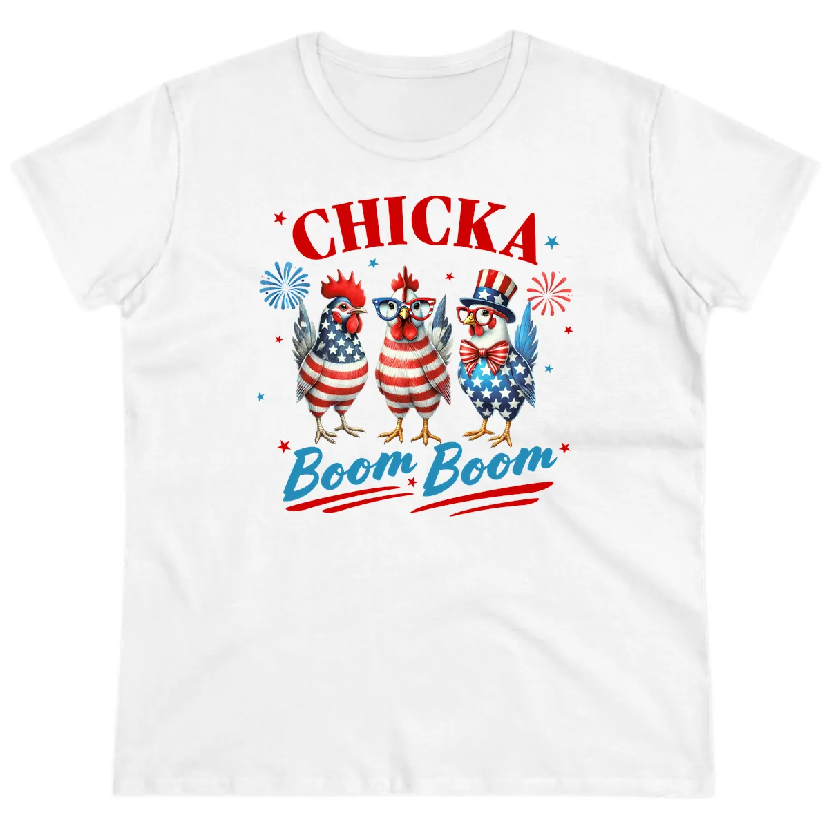 Chicka Boom Boom Patriotic Chickens Ladies Tee in White