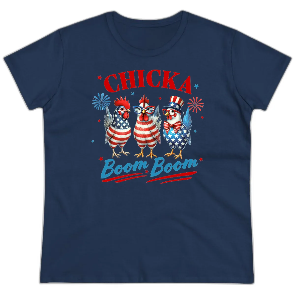 Chicka Boom Boom Patriotic Chickens Ladies Tee in Navy