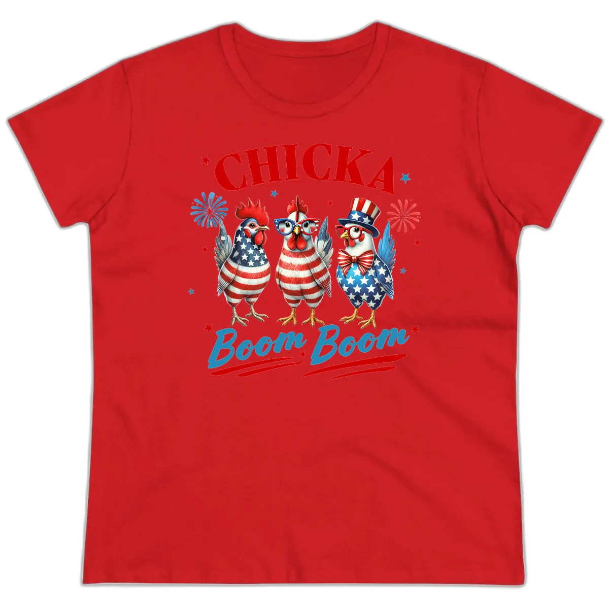 Chicka Boom Boom Patriotic Chickens Ladies Tee in Red