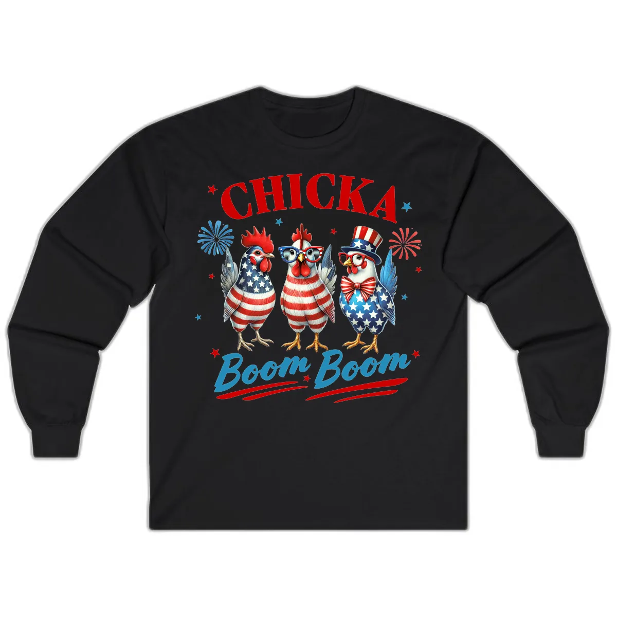 Chicka Boom Boom Patriotic Chickens Long Sleeve in Black