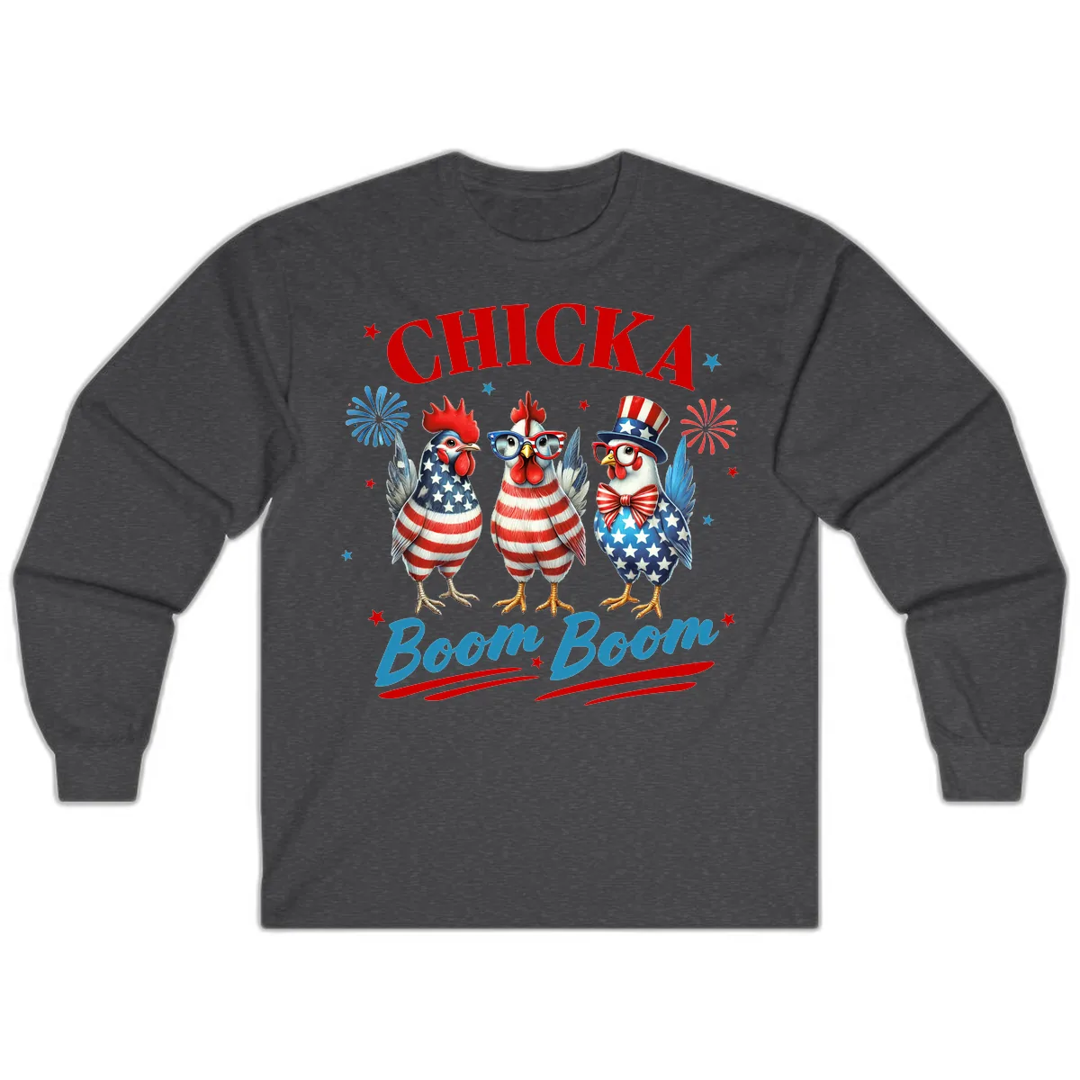 Chicka Boom Boom Patriotic Chickens Long Sleeve in Dark Heather