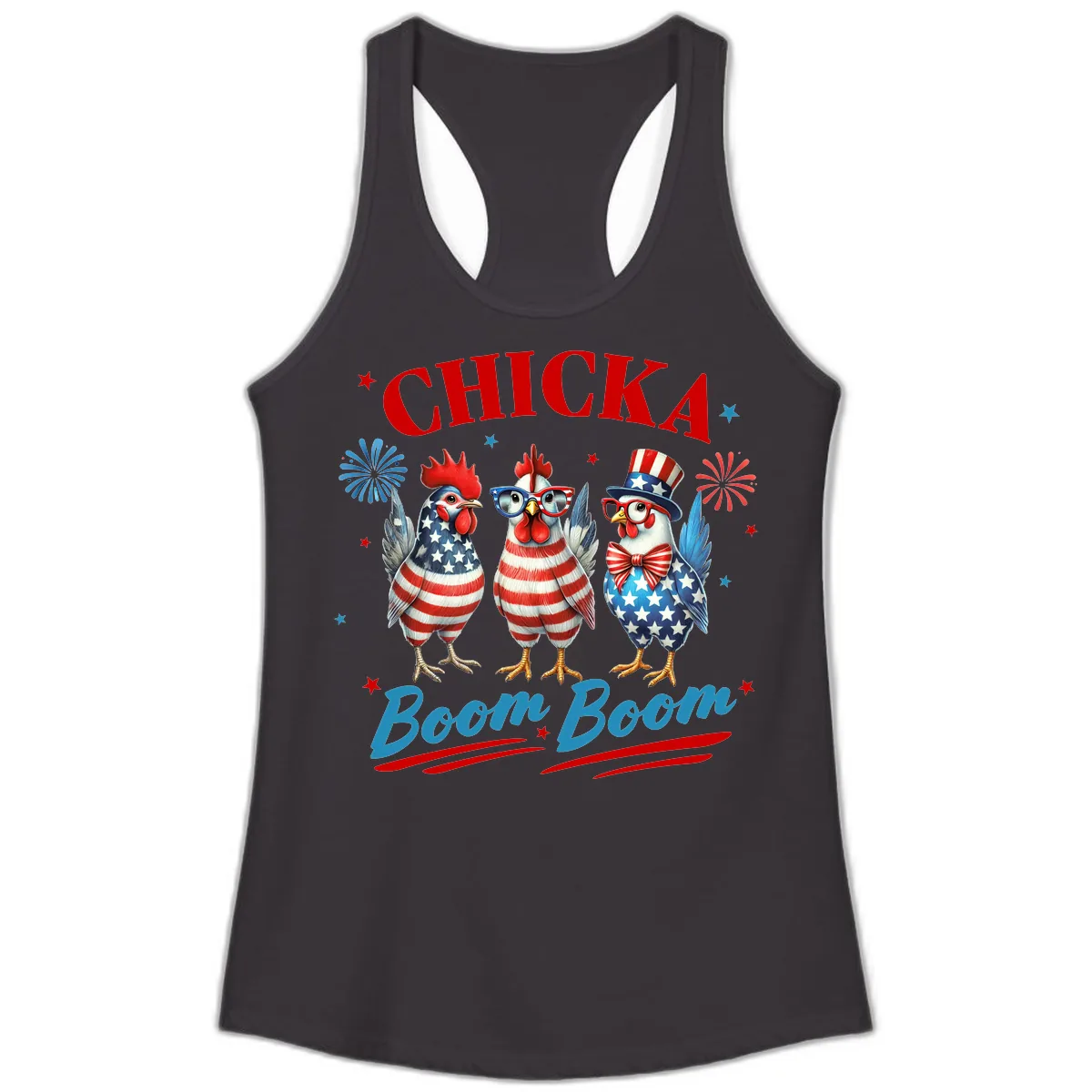 Chicka Boom Boom Patriotic Chickens Ladies Tank in Black