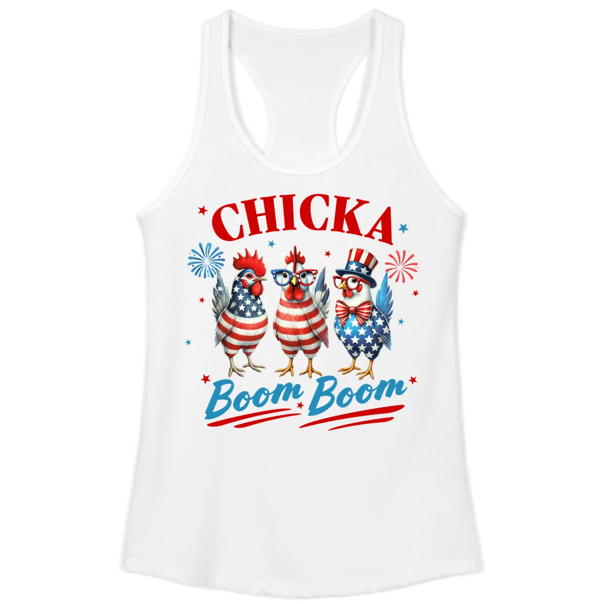 Chicka Boom Boom Patriotic Chickens Ladies Tank in White