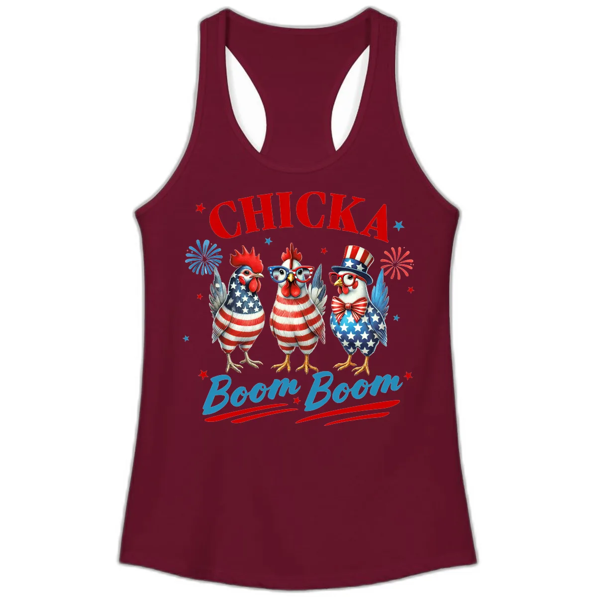 Chicka Boom Boom Patriotic Chickens Ladies Tank in Solid Cardinal Red
