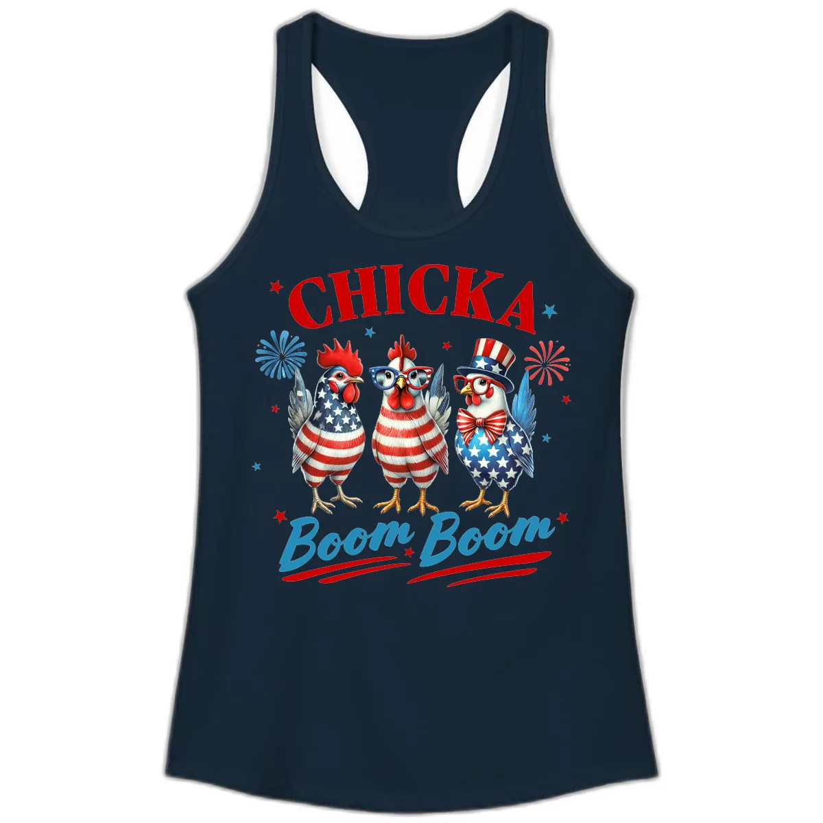 Chicka Boom Boom Patriotic Chickens Ladies Tank in Solid Midnight Navy