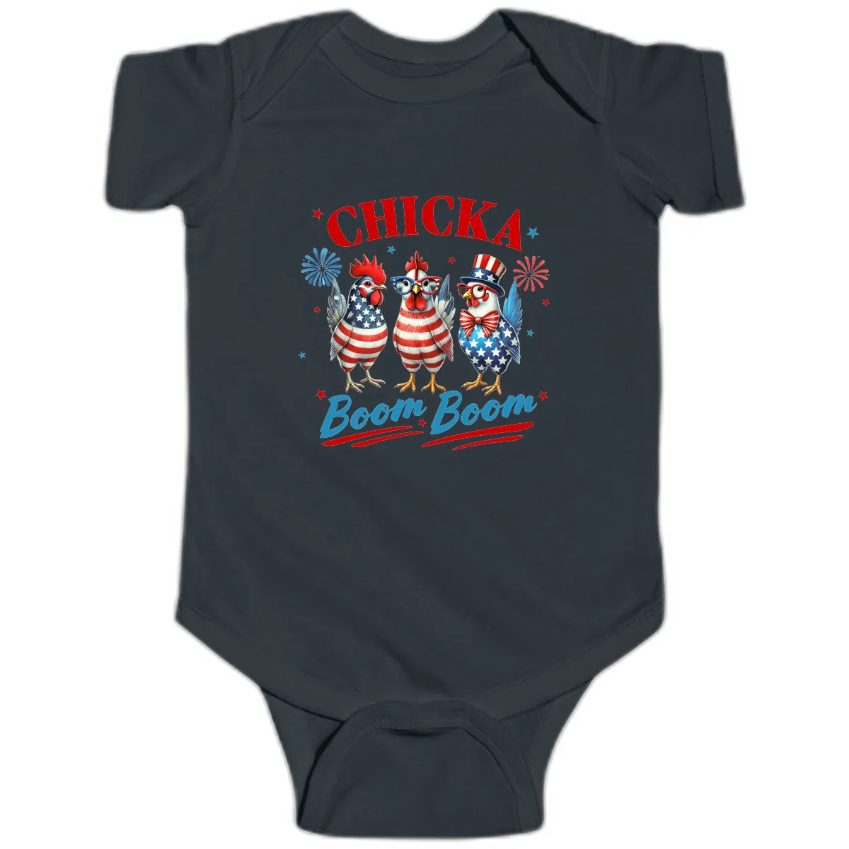 Chicka Boom Boom Patriotic Chickens Baby Onesie in Black
