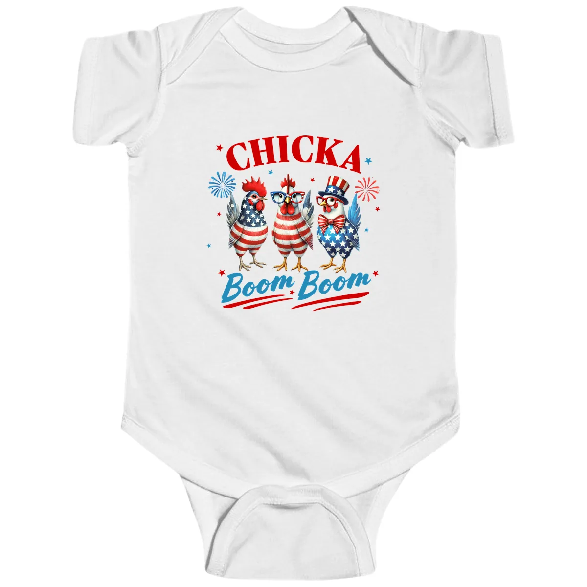 Chicka Boom Boom Patriotic Chickens Baby Onesie in White