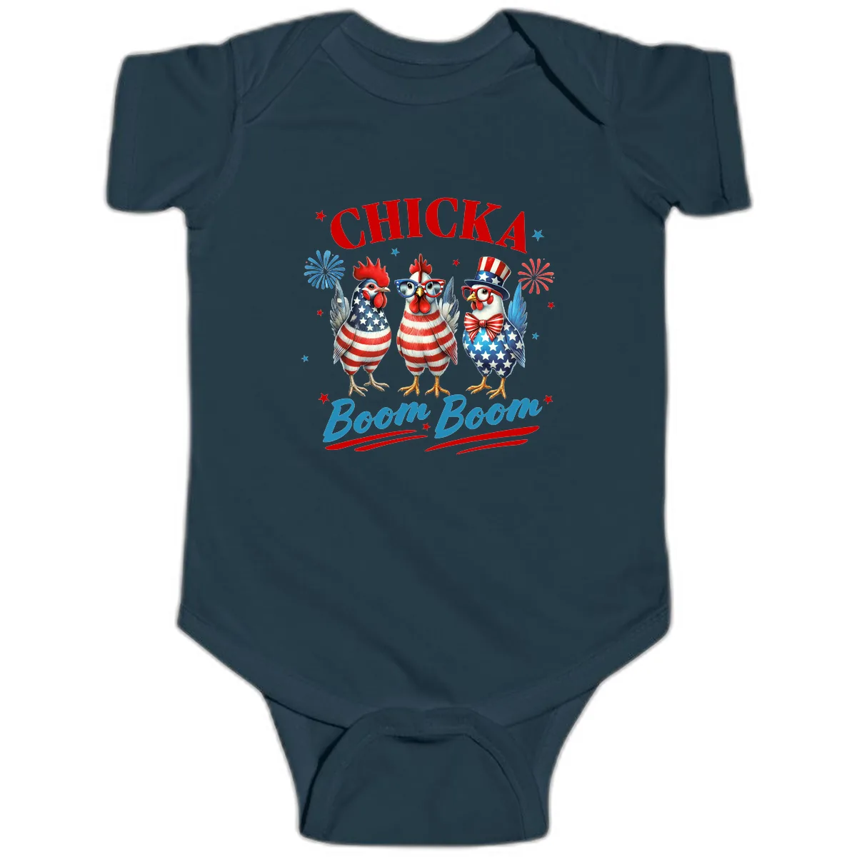 Chicka Boom Boom Patriotic Chickens Baby Onesie in Navy