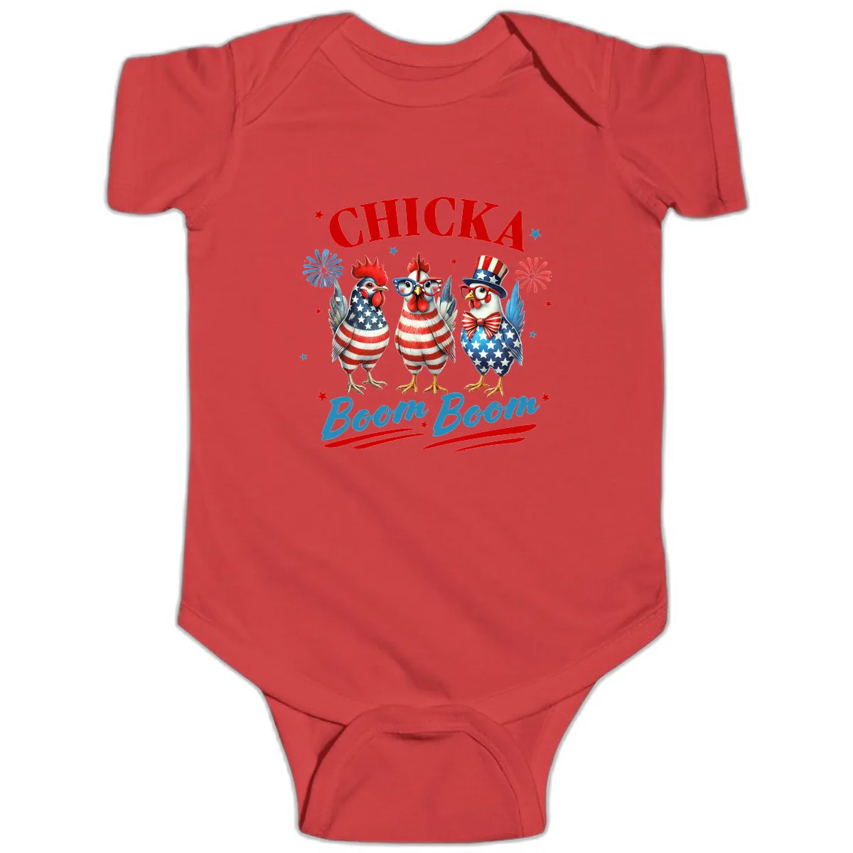 Chicka Boom Boom Patriotic Chickens Baby Onesie in Red