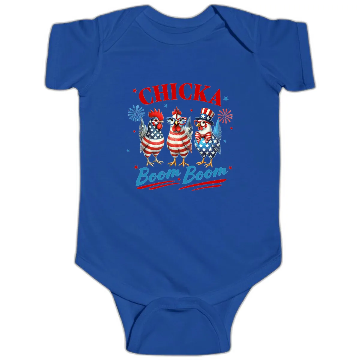 Chicka Boom Boom Patriotic Chickens Baby Onesie in Royal